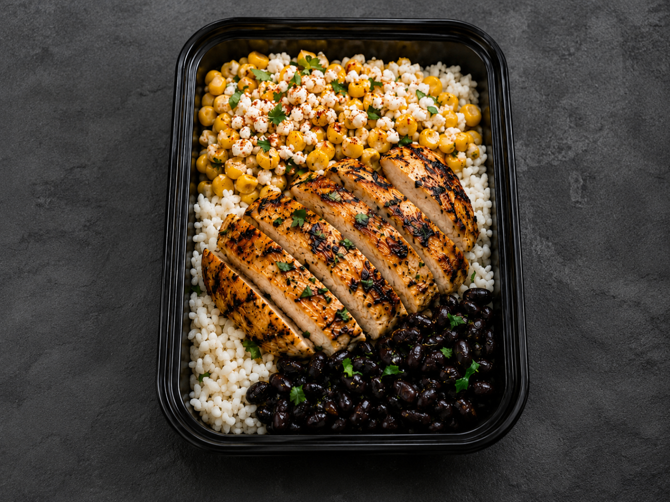 Chicken street corn protein bowl with rice, black beans and vegetables