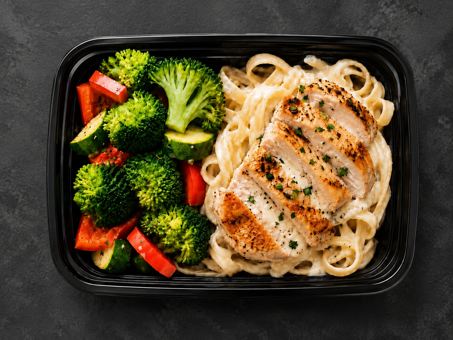 Freddy's Chicken meal prep with grilled chicken, creamy pasta, broccoli, peppers and zucchini
