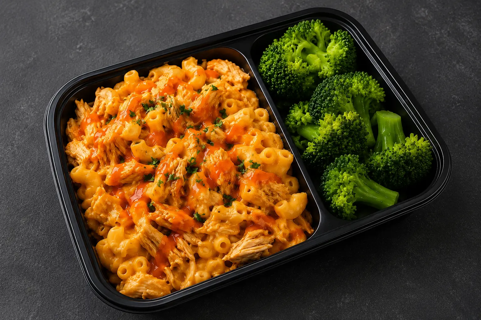 Buffalo Chicken Mac and Cheese meal prep with steamed broccoli