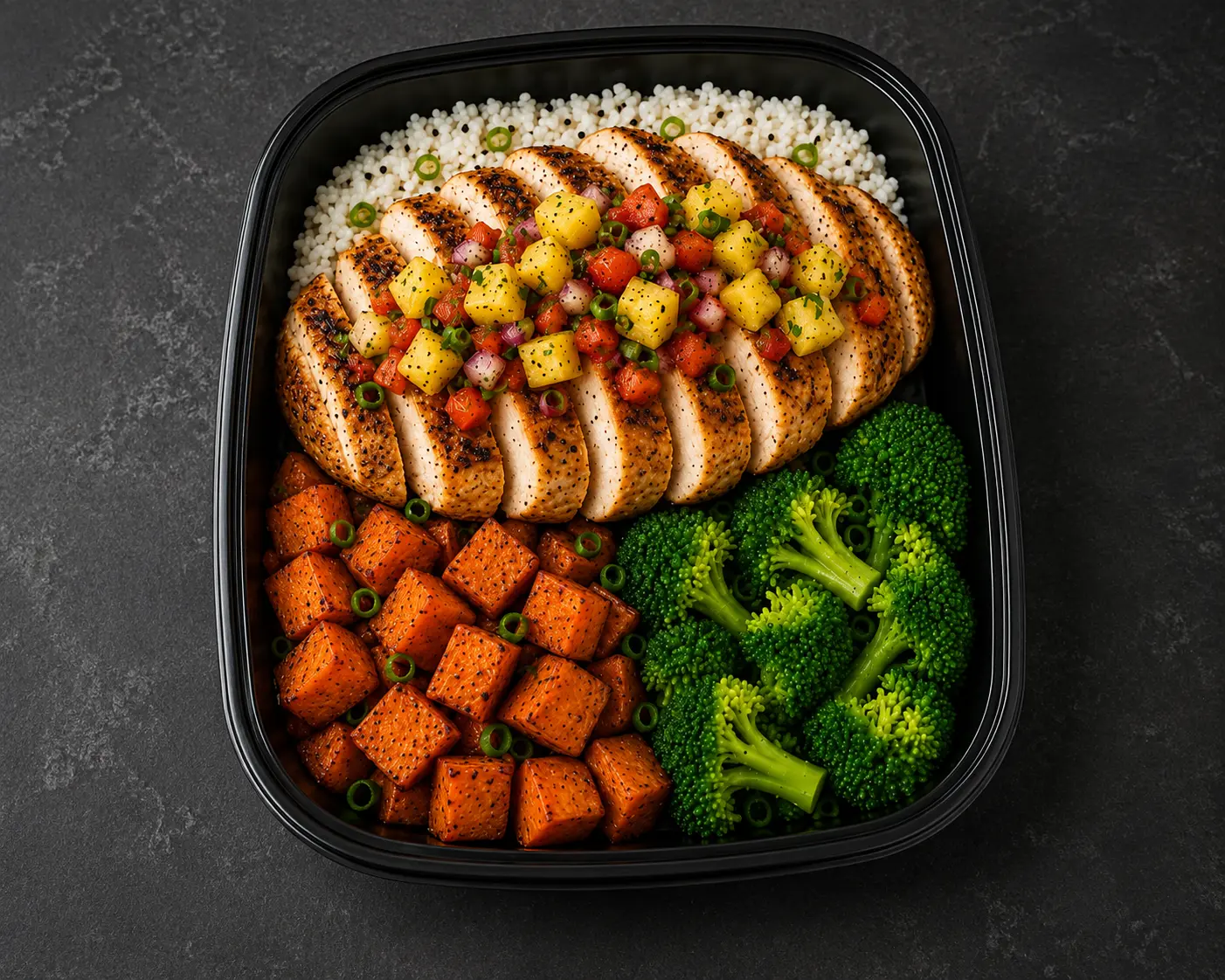 Hawaiian Chicken Bowl with pineapple salsa, rice, sweet potato and broccoli