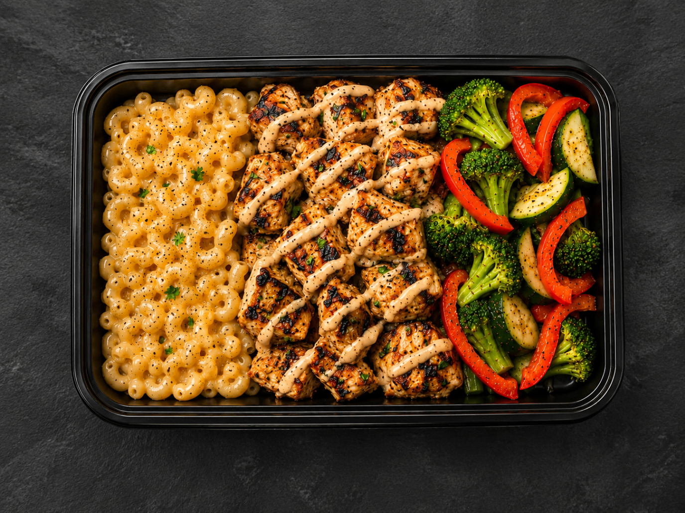 Spicy crispy chicken with mac and cheese, broccoli, peppers and zucchini
