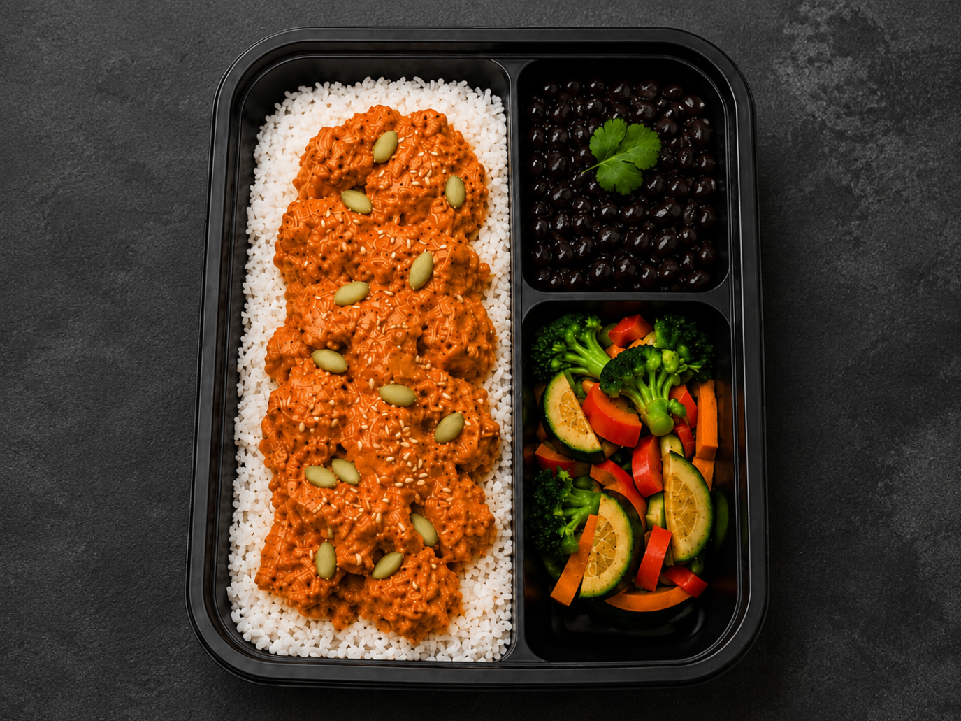 Pollo en pipián meal prep with pumpkin seed sauce, rice, black beans and vegetables