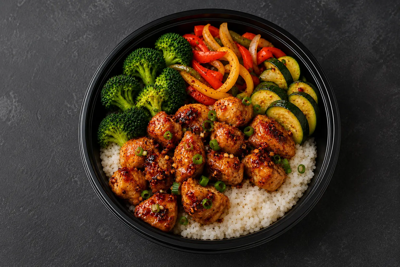 Chili Crunch Honey Chicken Bowl over rice with broccoli, peppers and zucchini