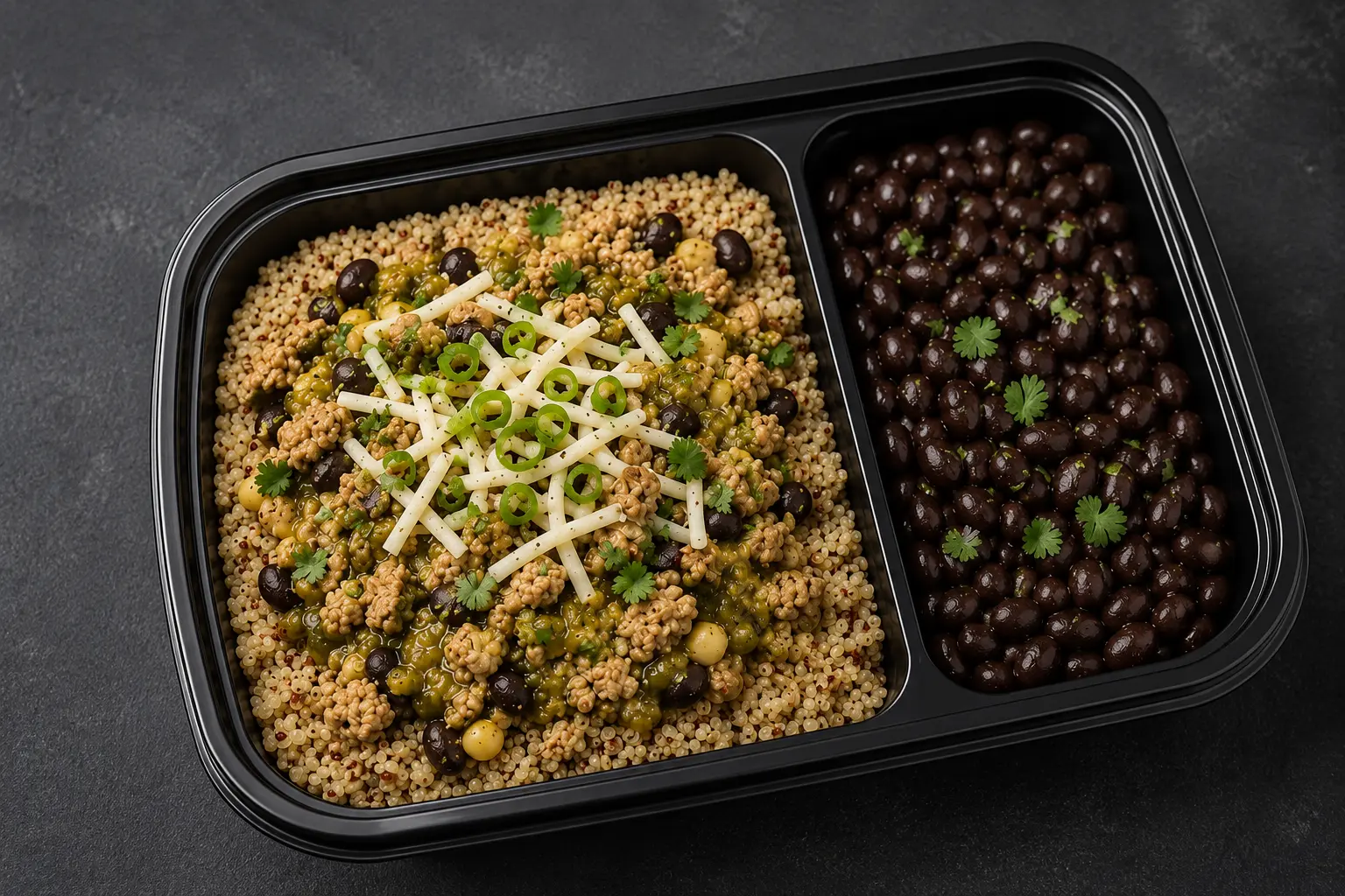 Spicy Chicharron in green sauce meal prep with white rice and black beans