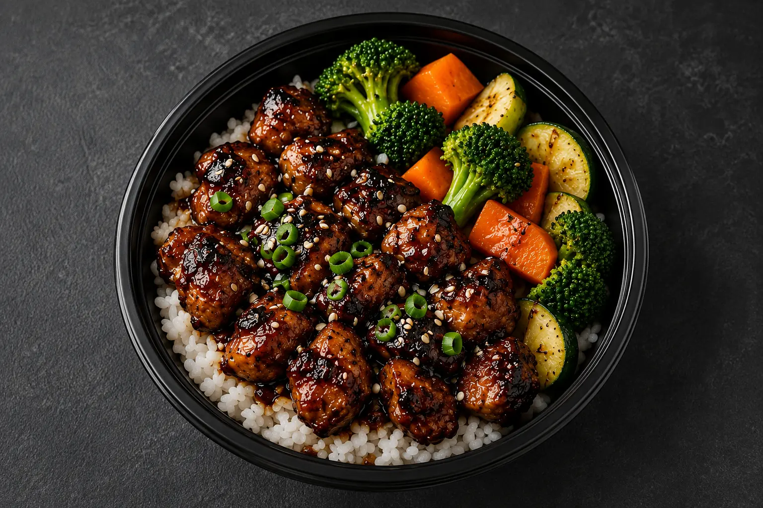 Korean BBQ Chicken meal prep over rice with broccoli, carrots and zucchini